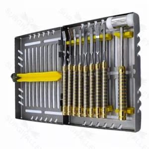 Dental Chisel Set Of 9Pcs And Mallet For Bone Splitting Gold With Cassette – surgivalley (SV-98-1153)